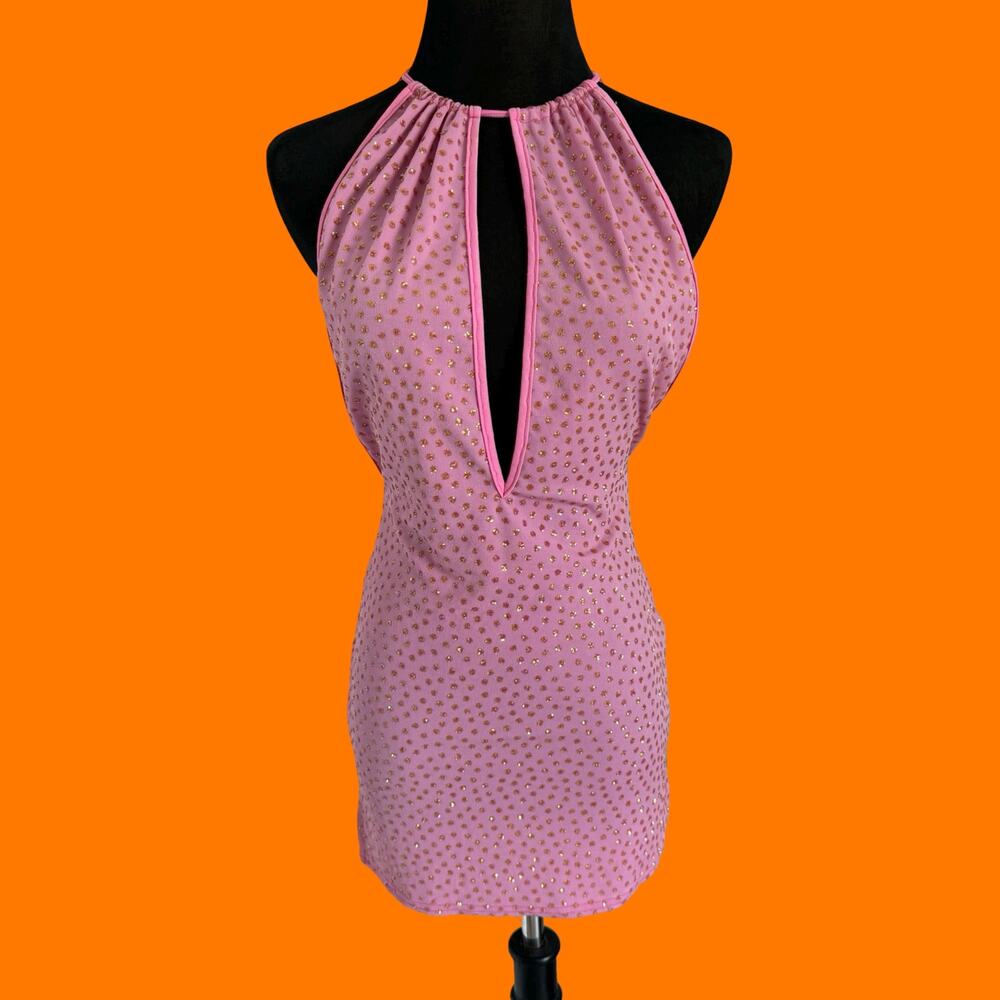 90's vintage pink glittery plunging bodycon club mini dress XS SMALL